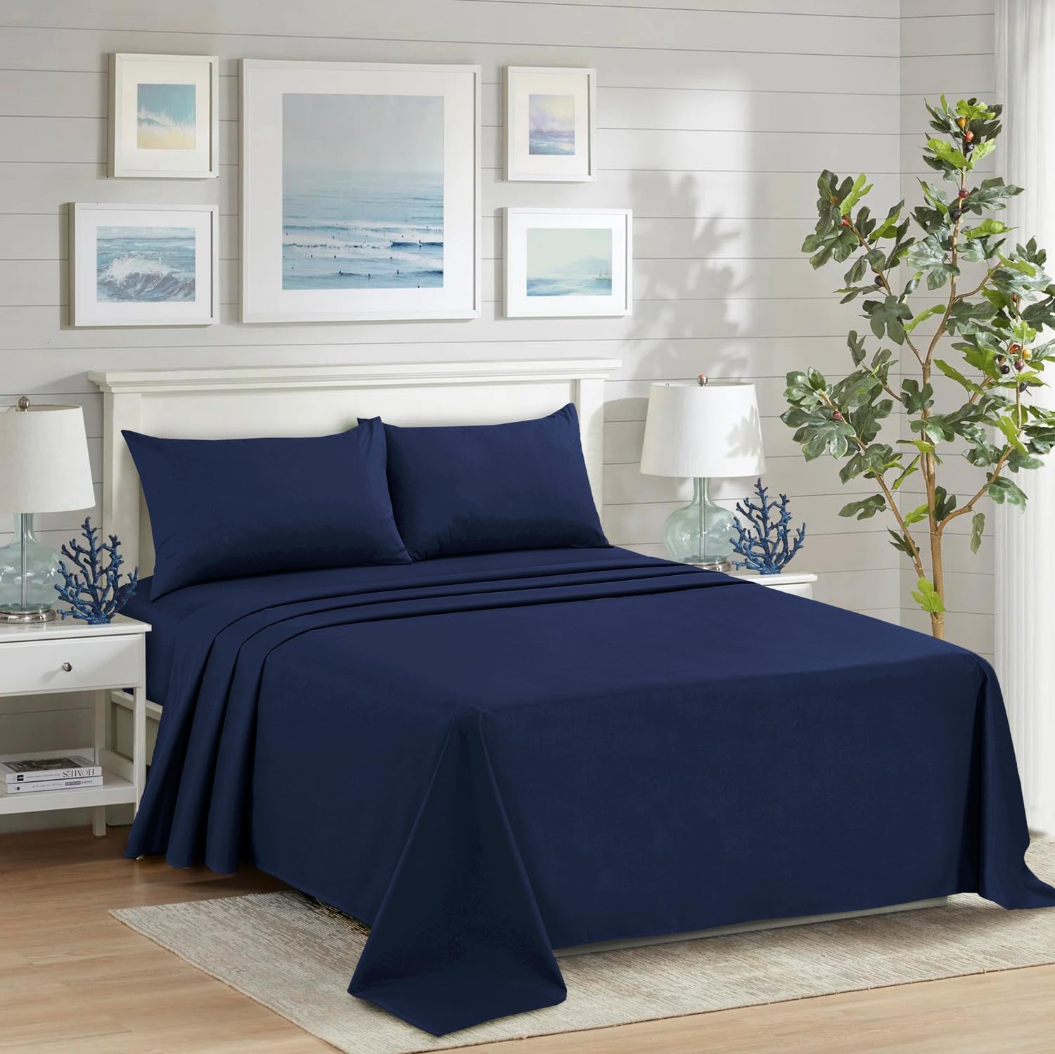 CHARKHAH Polycotton Flat Sheets with Single Double King Size Bed Ultra Soft Plain Top Sheet Dyed in Trendy Colors Hotel Collection Sheets Ideal for Winter & Summer Bedding (Navy-Blue, Single)