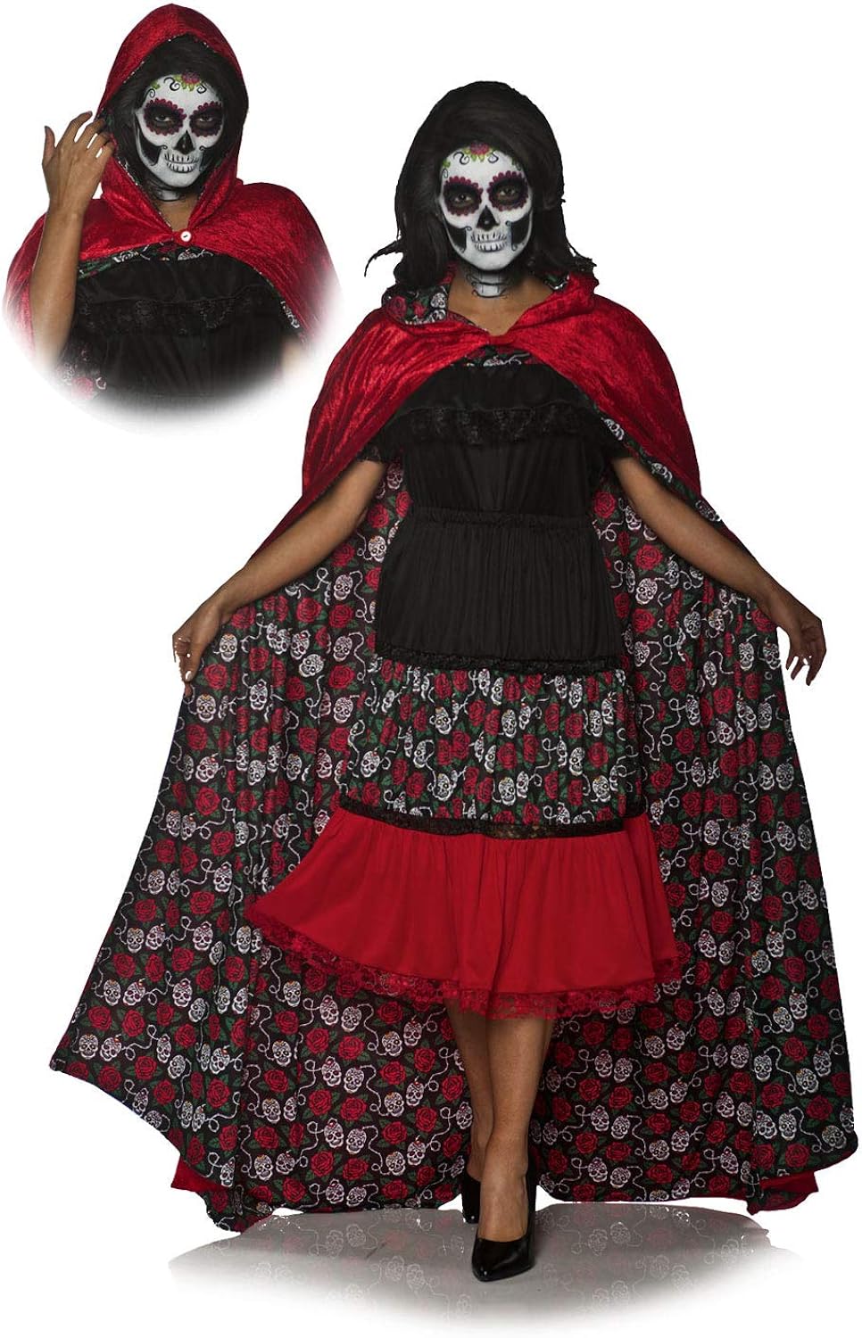 UNDERWRAPS Women's Reversible Sugar Skull Hooded CapeRed