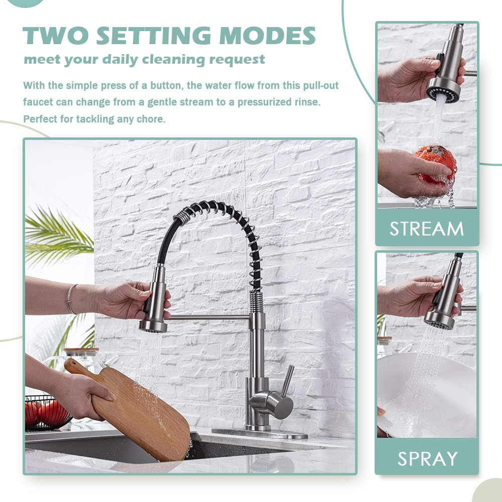 Kitchen Sink Faucets, Kitchen faucets with Pull Down Sprayer WEWE sus304 Stainless Steel Brushed Nickel Single Handle Single Hole Faucet for Farmhouse rv Utility bar Laundry Sinks - - 