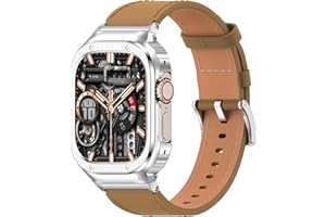 SUPLINK Stainless Steel Case and Band Compatible with Apple Watch Band 38mm 40mm 41mm 42mm 44mm 45mm 46mm 49mm,Leather Strap Metal Case for iWatch Series Ultra 10 9 8 7 6 5 4 3 2 1 SE Men