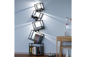 sugitek 5-Tier Skinny Bookshelf with Unique Geometric Design - Modern Metal Bookcase with LED Lights, Space-Saving Narrow Org