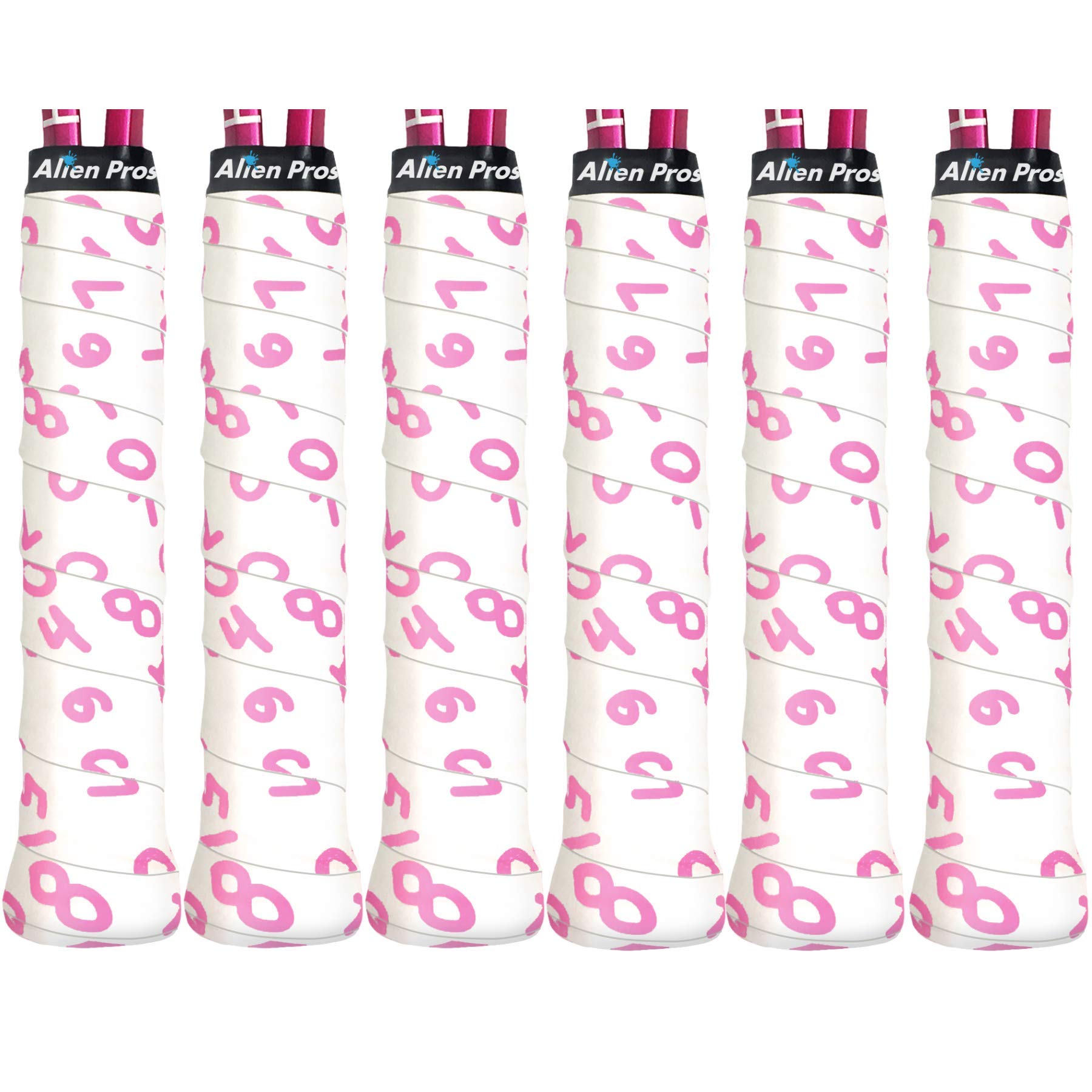 Alien Pros Tennis Racket Grip Tape (6 Grips) – Precut and Dry Feel Tennis Grip – Designer Tennis Overgrip – Wrap Your Racquet for High Performance (Pink Numbers)