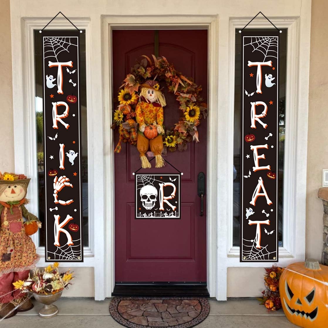 chokeberry Halloween Decorations Outdoor - Trick or Treat Decorations Halloween Porch Decor Banners, Bone Font Hanging Banners for Indoor Home Front Door Wall, 600D Fabric Party Decorations, Set of 3