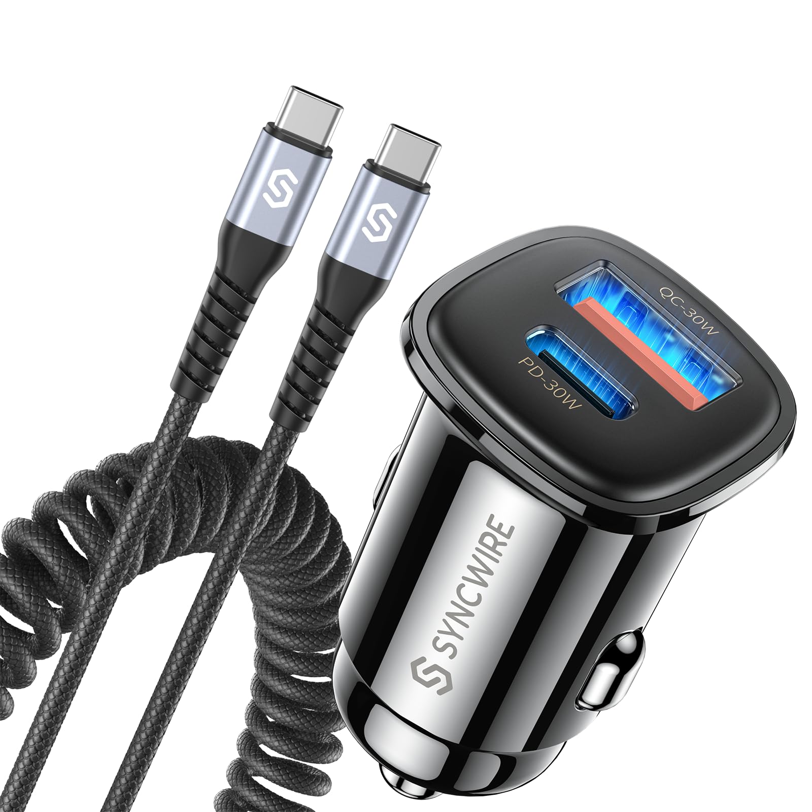 Photo 1 of **CORD ONLY** Syncwire USB C Car Charger 60W [PD 30W & QC 30W] Fast Charging USB Adapter with 5FT Type C Coiled Cable Compatible with iPhone 16/16 Plus/16 Pro/16 Pro Max/Galaxy S23/S22/ Google Pixel 7/7Pro