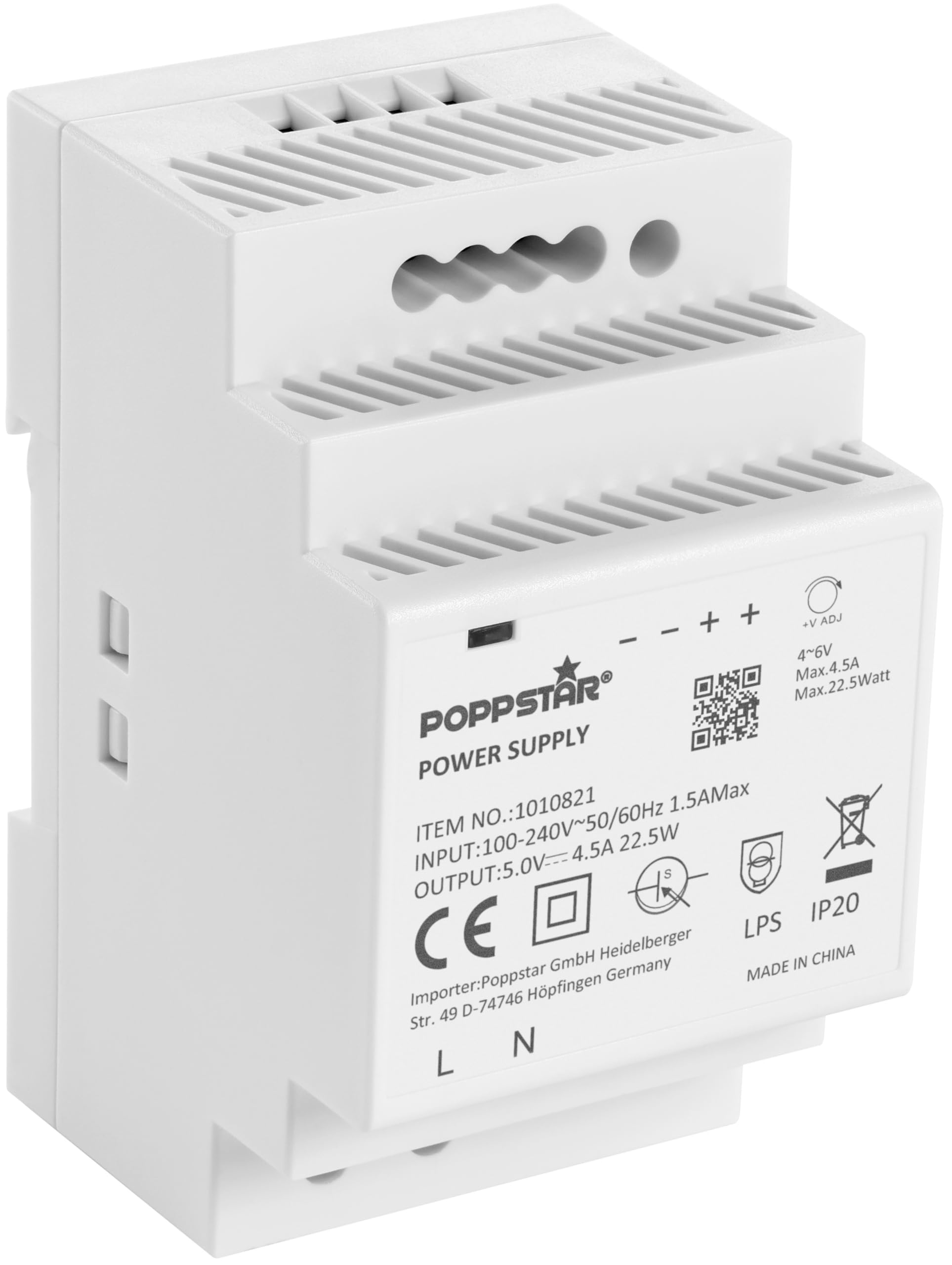 Poppstar DIN rail power supply P-60-5- 5V 22.5W (input 100-240 V AC 50/60 Hz, output 5 V DC 4.5 A 22.5 W)