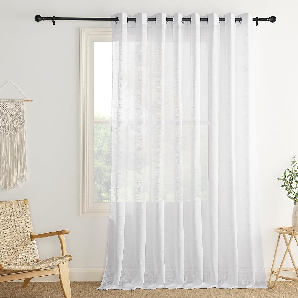 PONY DANCE Linen Look Voile Curtain Panel 100x90 White Eyelet Top