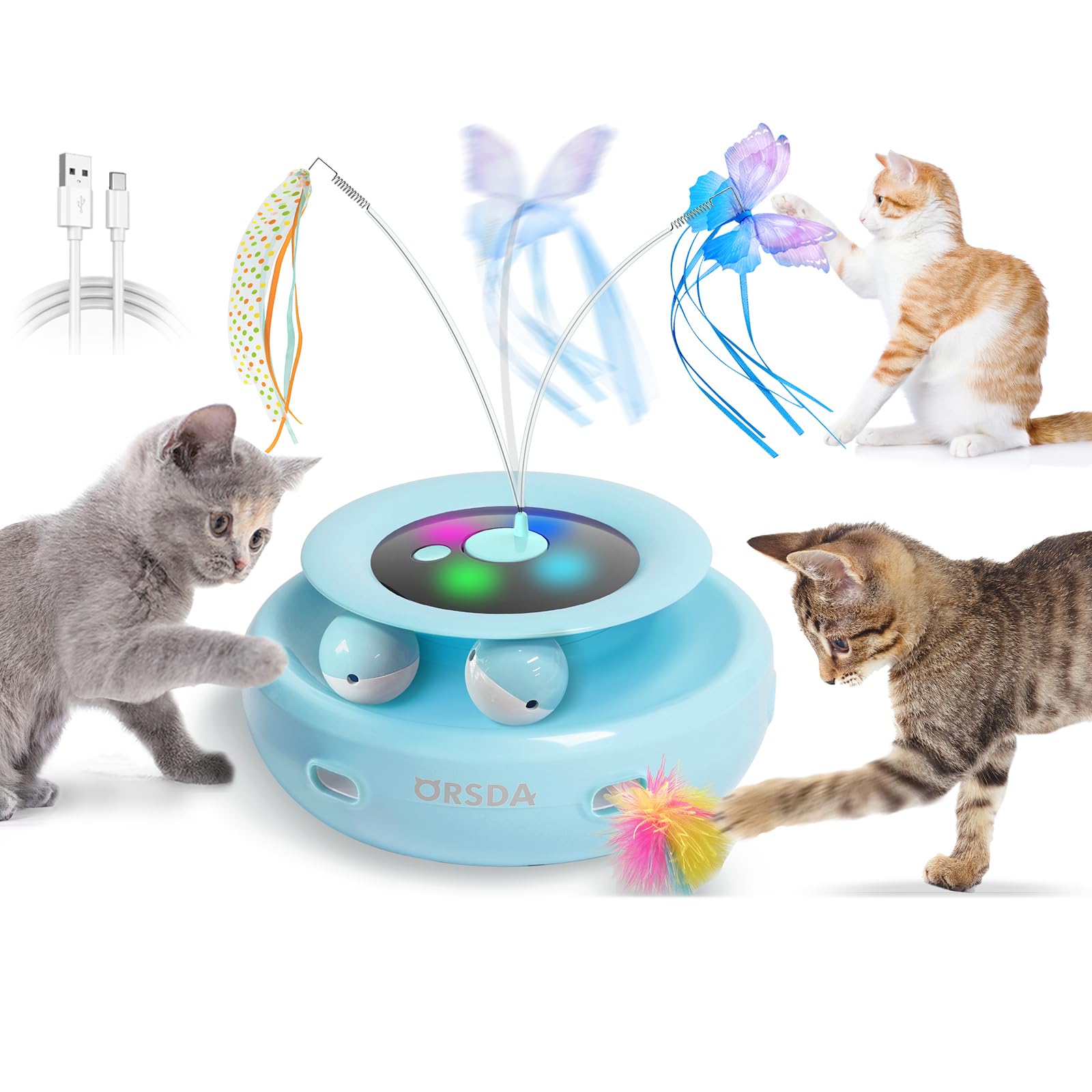 Photo 1 of ORSDA Cat Toy, 3-in-1 Automatic Interactive Electronic Moving Ambush Feather, Fluttering Butterfly, Track Balls, USB Rechargeable Powered Smart Indoor Exercise Kicker