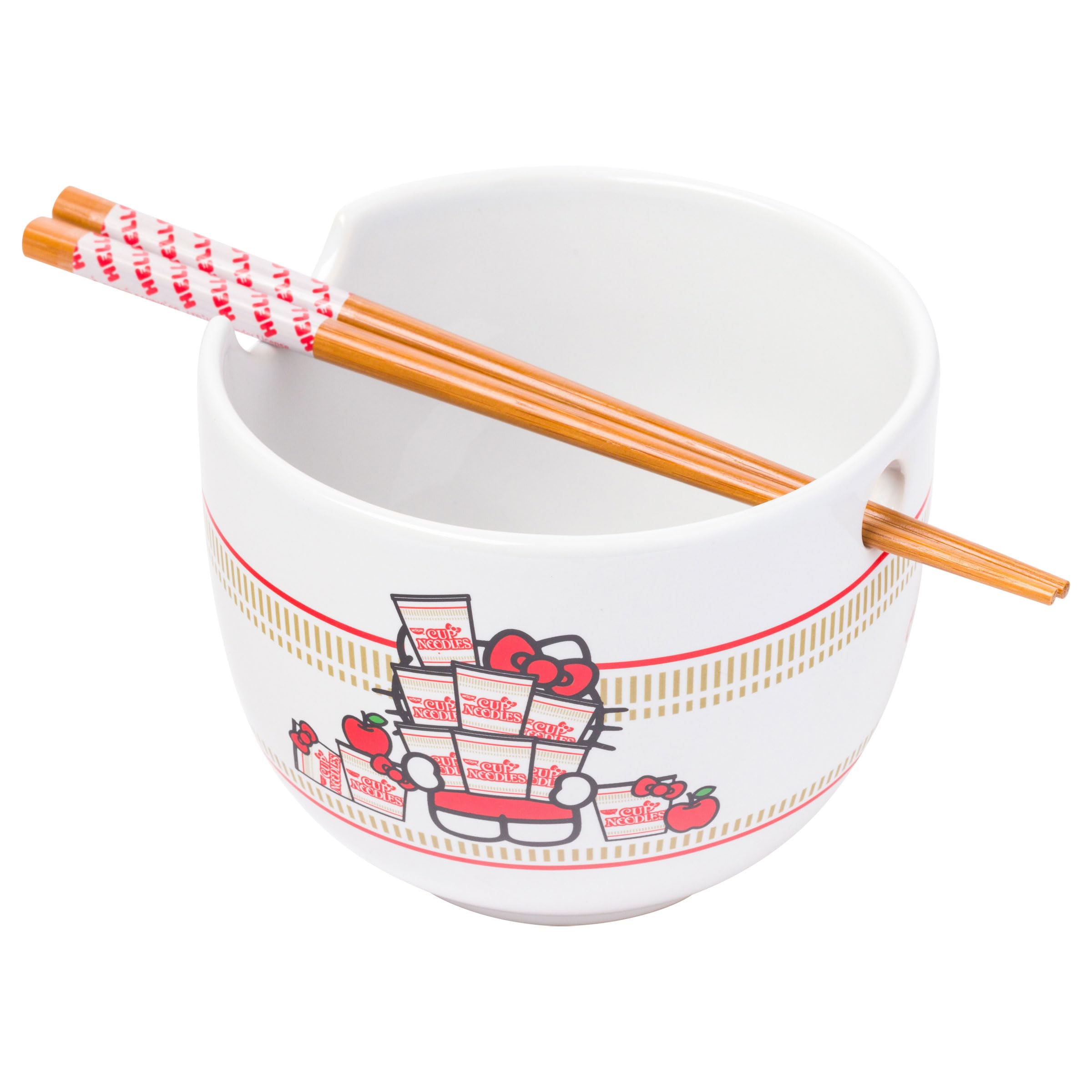 Silver Buffalo Hello Kitty Nissin Ceramic Ramen Bowl with Chopsticks, 20 Ounces