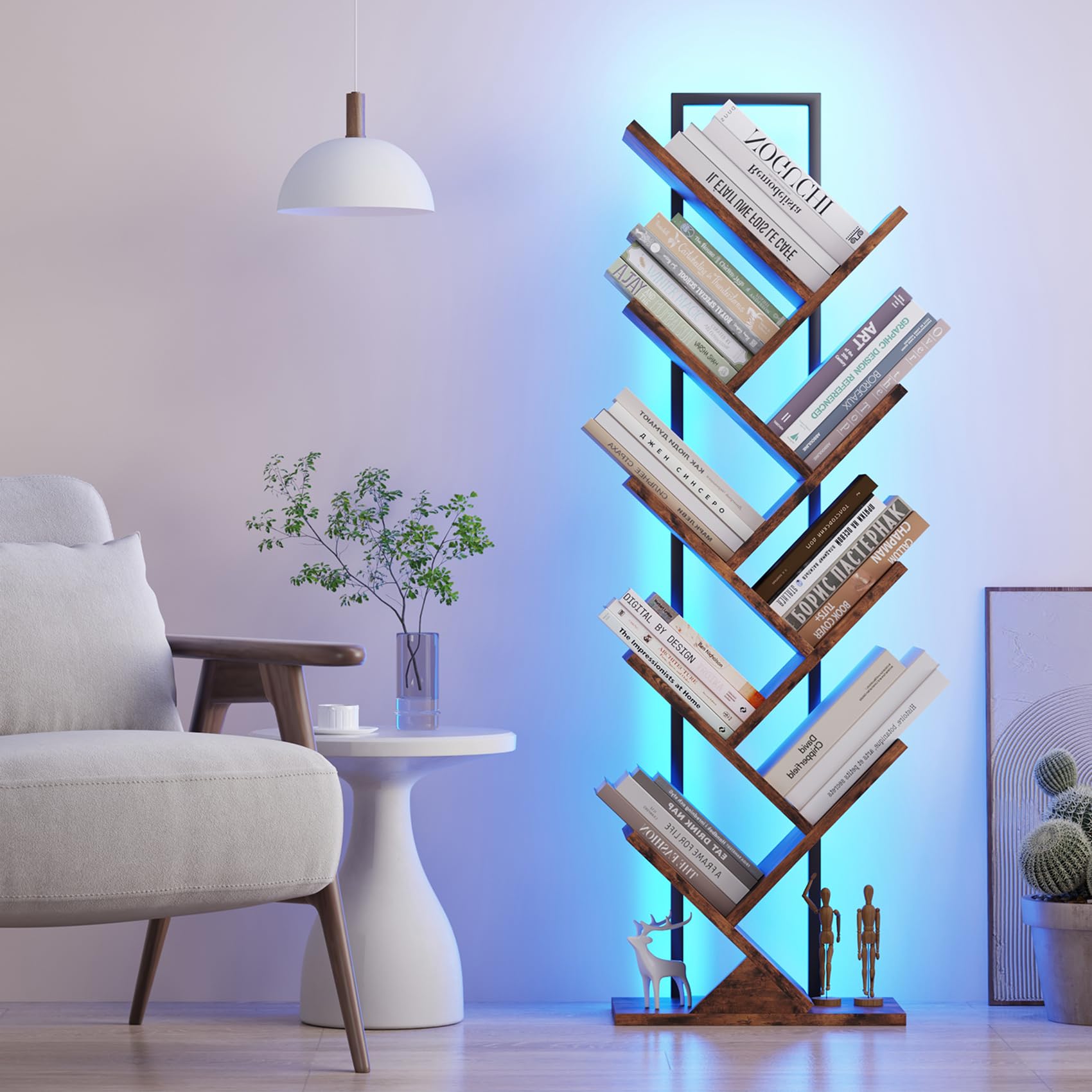 Photo 1 of Qupui Tree Book Shelf with LED Lights, 9 Tier Floor Standing Bookcase, Classical Corner Shelf Kids Bookshelf, Tall Wood Book Storage for Bedroom, Living Room, Home Office, Brown