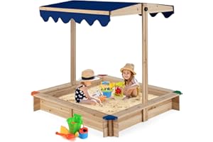 HONEY JOY Kids Sandbox with Canopy, Wooden Sand Pit for Toddlers Age 3+, Height & Angle Adjustable Canopy, Retractable Roof Sand Protection, Outdoor Covered Sand Boxes for Kids Backyard