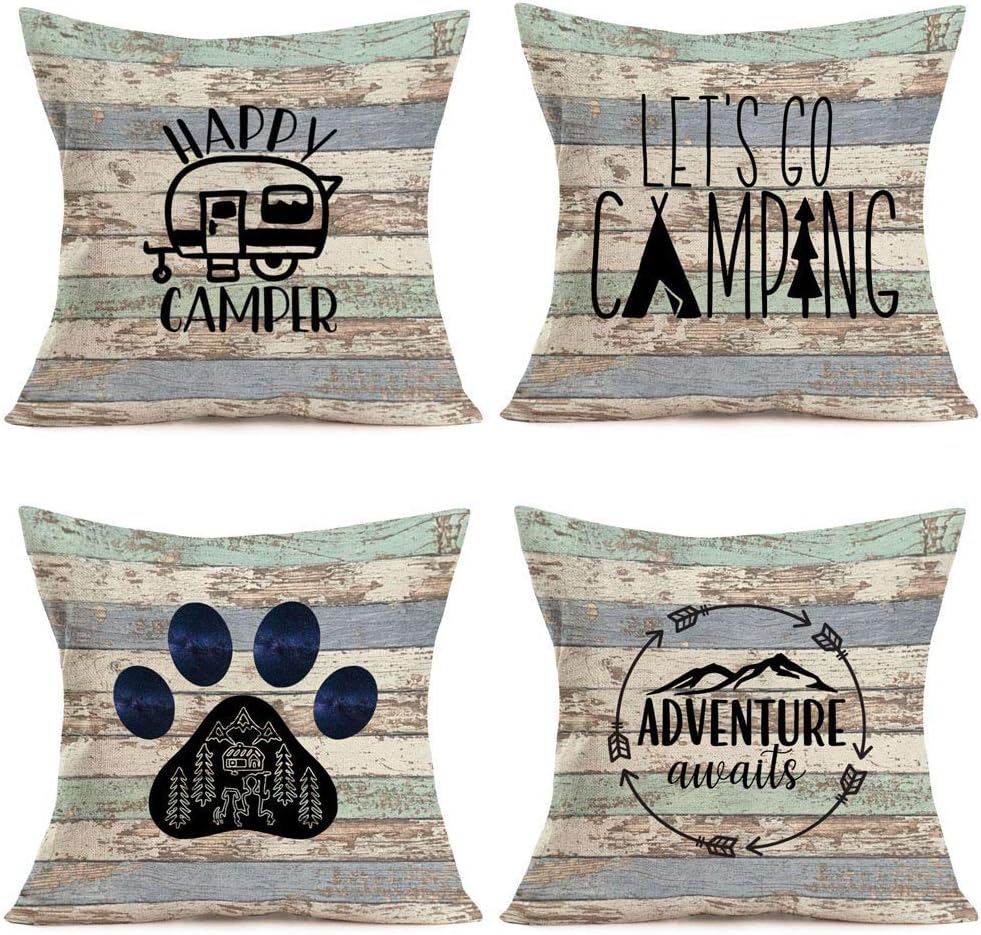 KROWMAET Rustic Planks Camping RV Pillow Cases Arrow Dog Paw Mountains Pattern Set of 4 Home Decorative Soft Bed Cotton Pillow Covers Summer Cushion Case Cover (Two Sided)