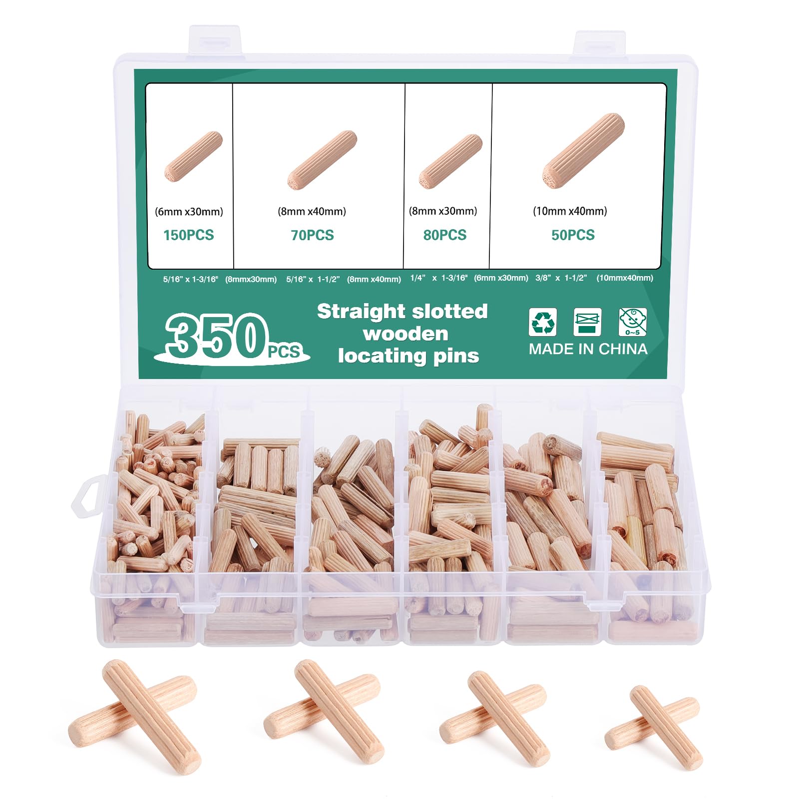 Faankiton 350 Pieces Wooden Dowel Pins 6x30mm, 8x30/40mm, 10x40mm,Straight Grooved Wooden Dowels Set with Bevelled End, Fluted Eucalyptus Hardwood Dowels, Wood Plugs
