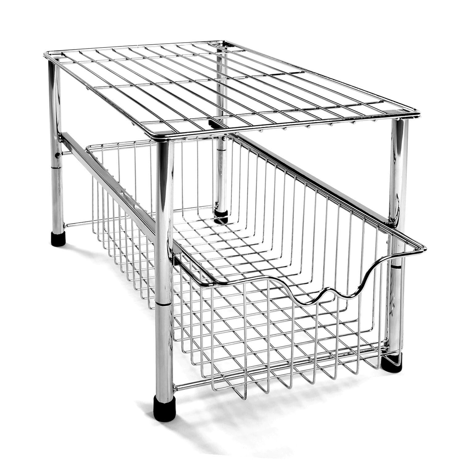 Amtido Under Sink Storage Rack with Sliding Basket Drawer – Chrome Metal, No Tools Needed Under Sink Storage Kitchen Organiser for Pantry, Bathroom, Countertop, Cleaning Supplies – 43x28x26cm