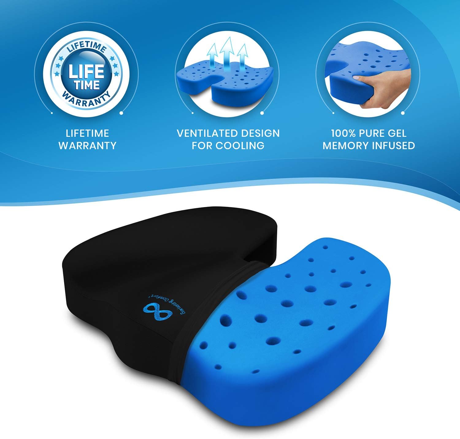 Everlasting Comfort Gel Infused Memory Foam Seat Cushion - Ventilated Design for Hip and Tailbone Pain - Office Chair and Car Seat Cushion - Coccyx Cushion - Sciatica and Back Pain Relief : Office Products