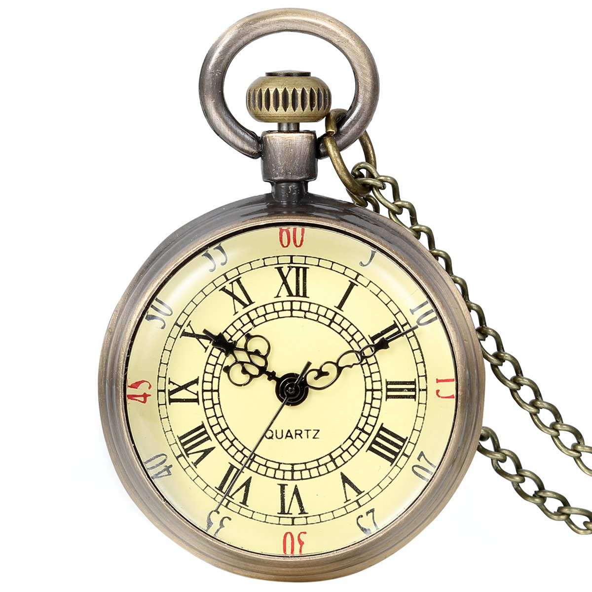 JewelryWe Retro Vintage Roman Numerals Dial Quartz Transparent Glass Lid Pocket Watch Long Necklace Pendant 31.7 Inch Chain (with Gift Bag)