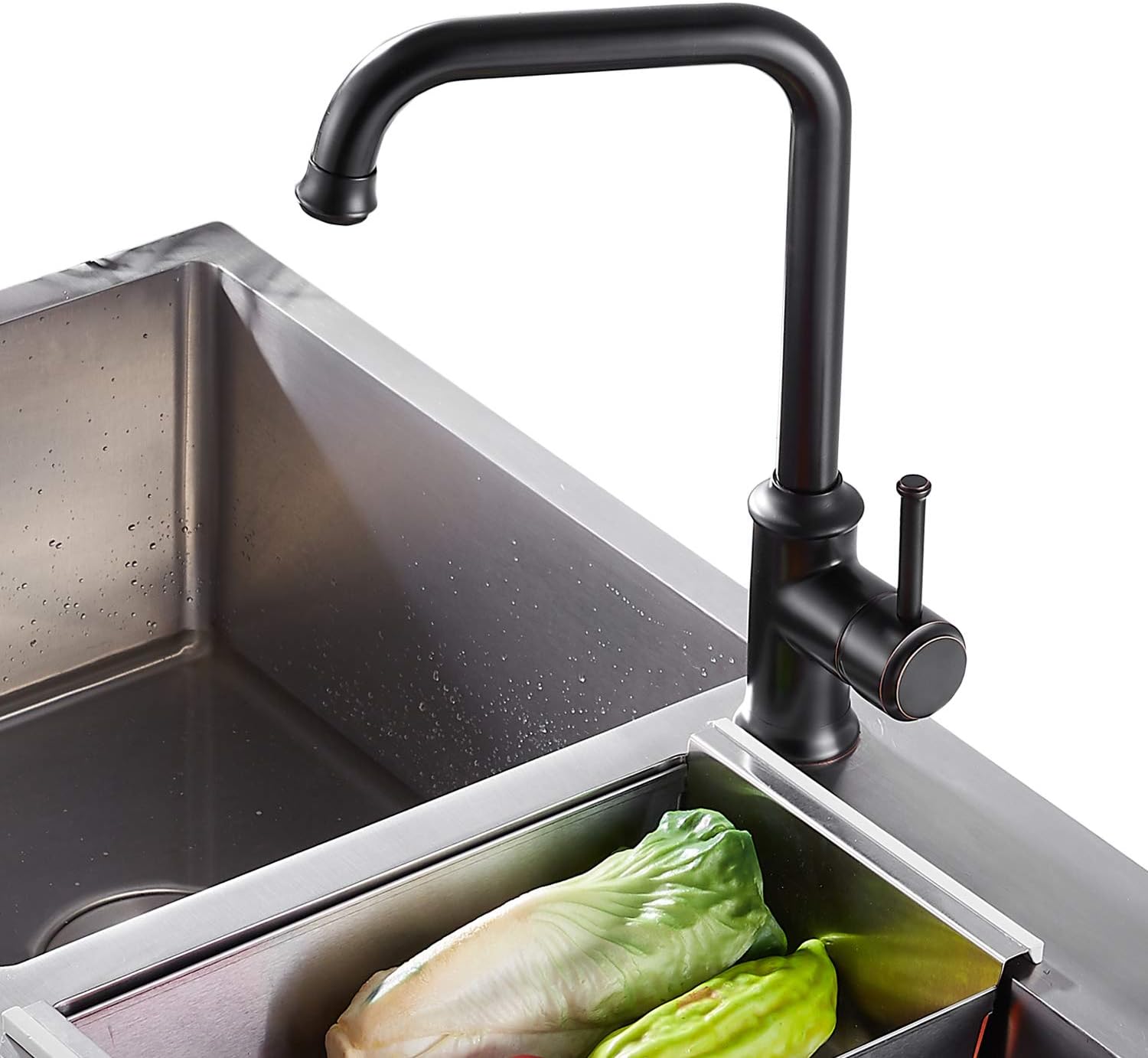 NEWRAIN Kitchen Sink Taps Mixer Solid Brass Monobloc Single Lever 360 Swivel Spout Kitchen Sink Basin Mixer Tap,with Flexible Hoses and Fittings,Black