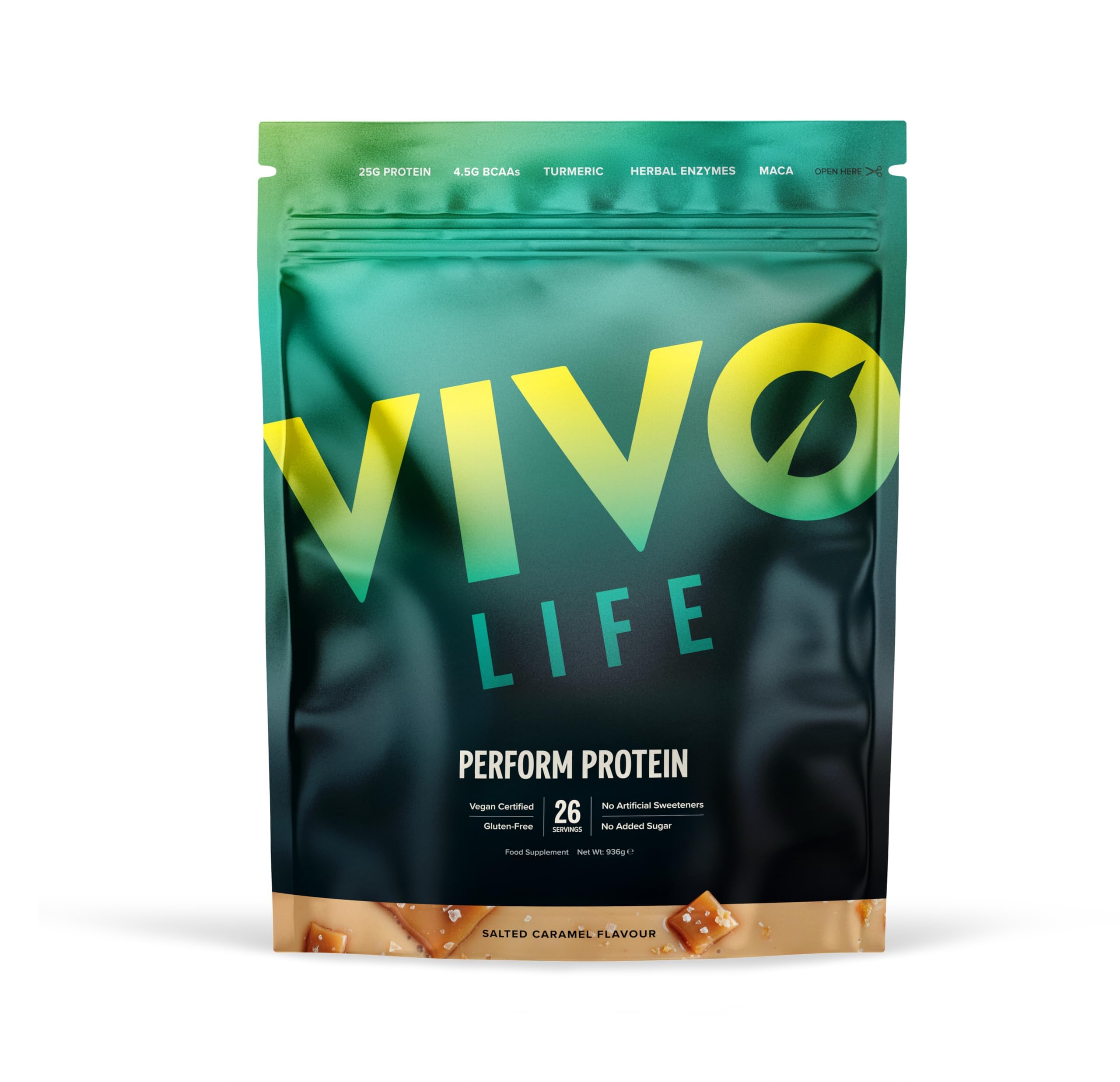 Vivo life Perform Plant Protein Powder | 25g Protein with BCAAs, Iron, Zinc, Turmeric & Herbal Enzyme Blend (988 g (Pack of 1), Salted Caramel)
