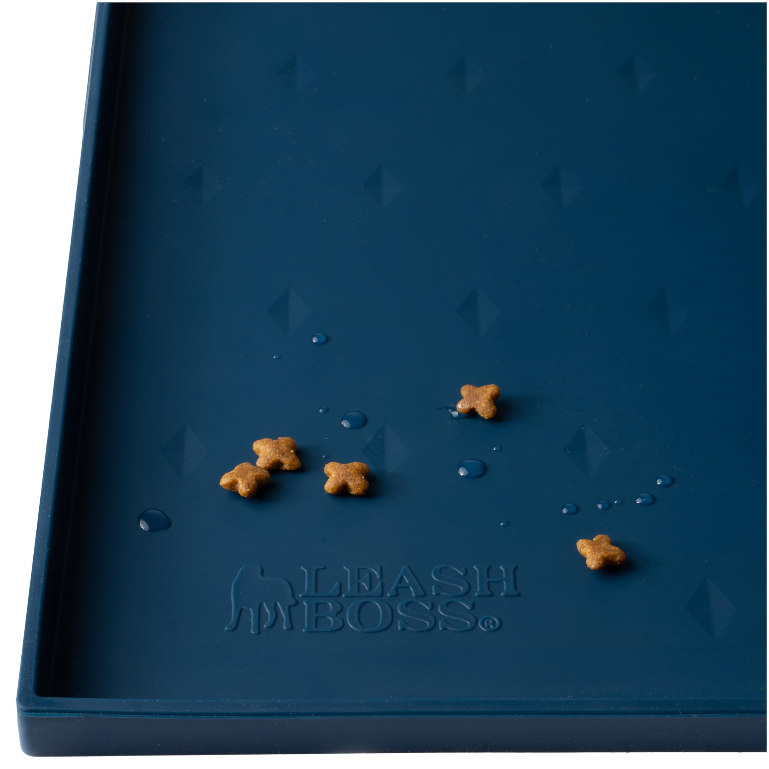 Photo 1 of Leash Boss Dog Food Mat for Food and Water Bowls, Waterproof Silicone Pet Feeding Mat for Floors, Extra Tall Raised Edges, Cat and Dog Placemat for Floors, Dishwasher Safe (XL: 25" x 17" - Navy)