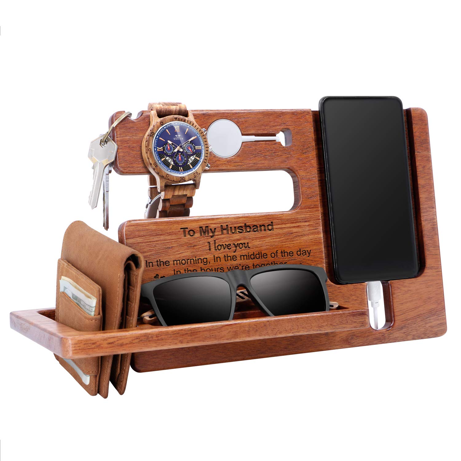 Kenon Custom Engraved Wooden Walnut Phone Holder For My Husband, Personalized Natural Walnut Wood Phone Docking Station Key Holder Wallet Stand Watch Organizer Anniversary Birthday Gifts