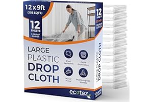 Ecotez 12 Pack 12 x 9 ft Extra Large Painter’s Plastic Drop Cloth Painting Sheet-Light & Durable Dust Cover-Clear Plastic Sheet-Plastic Sheeting-Plastic Cover-Paint Drop Cloth- Plastic Floor Protector