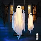 Halloween Decorations Outdoor, 5FT Swinging Ghost Hanging Decor | Parent pushing kid on a swing, 2 pcs ghost set, yard tree ornament with lights, waterproof ghost for Halloween