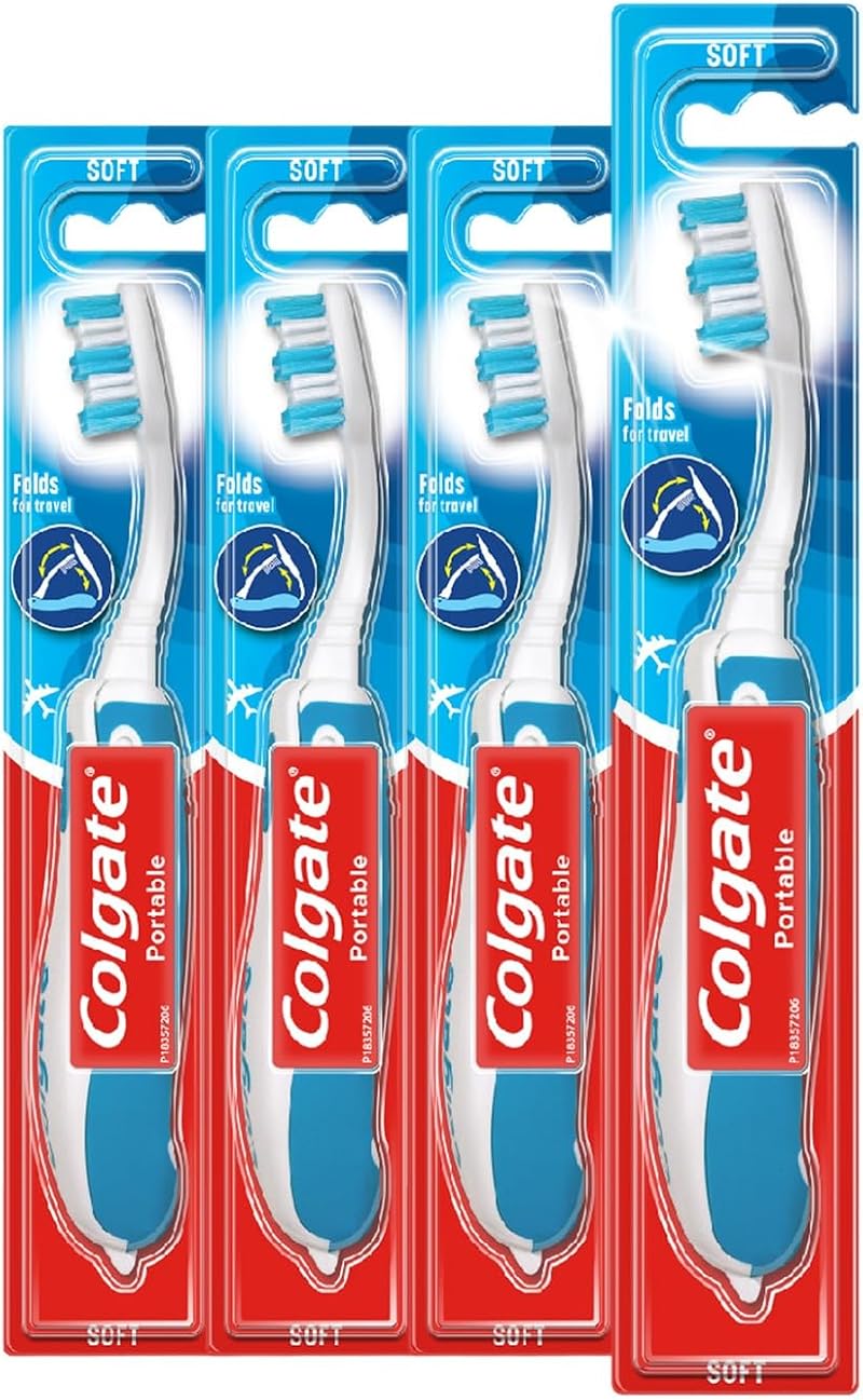 Colgate Portable Toothbrush 4 Pack - Soft Bristles Travel Toothbrush