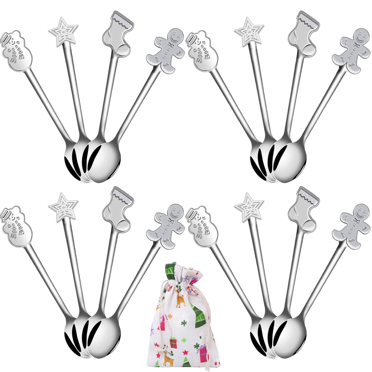 ANECO 16 Pieces Christmas Mini Spoons Set Stainless Steel Spoon for Coffee Tea Soup Sugar Dessert Seasoning Ice Cream
