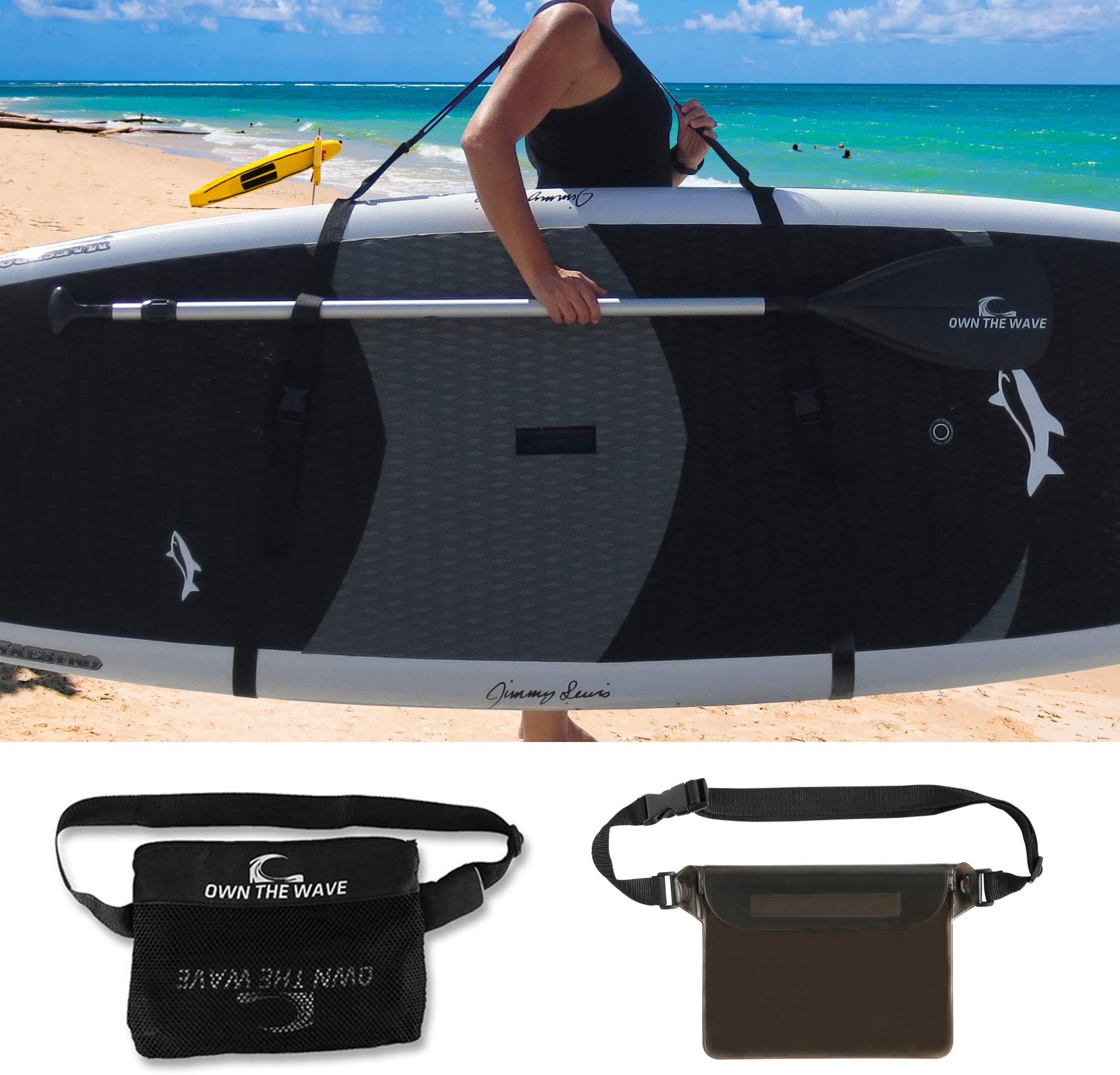 Own the Wave SUP Paddleboard Carry Strap - Choose to Bundle with Mesh Storage Bag or Waist Bag & Phone Case