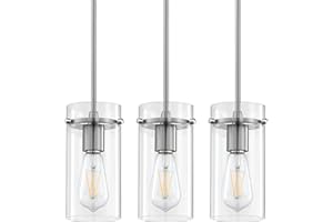 Dolaimy House Industrial Vintage Modern 1 Light 3 Pack Hanging Kitchen Island Rod Pendant Light Brushed Nickel Finish 4 Inch Clear Straight Glass Shade for Dining Room Bedside Dining Room Over Sink