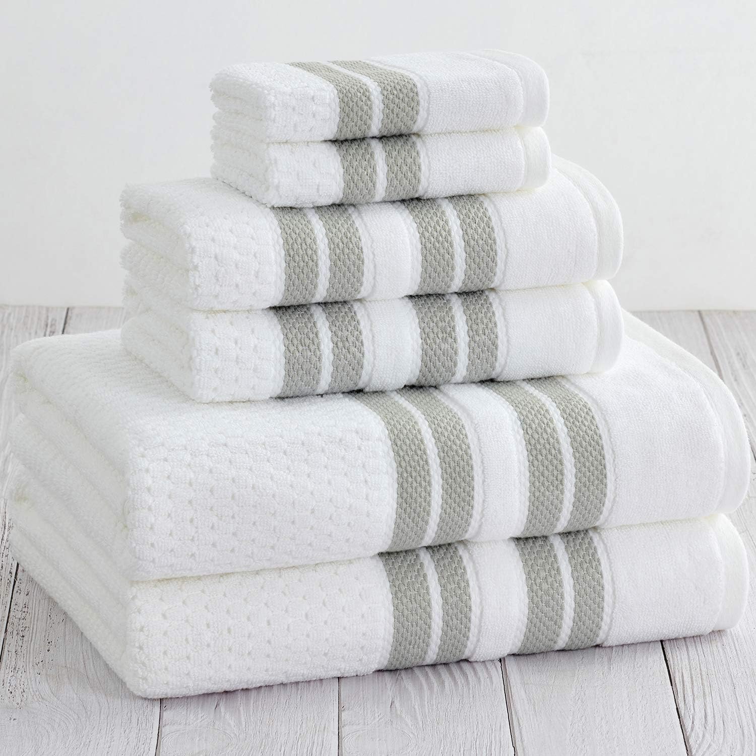 Truly Lou 100% Cotton Quick Dry Textured Bath Towel Set, 6 Piece Set - 2 Bath Towels, 2 Hand Towels and 2 Washcloths, Absorbent, Quick Dry, Soft, Striped Bathroom Towels Mayfield (Light Grey / White): Kitchen & Dining