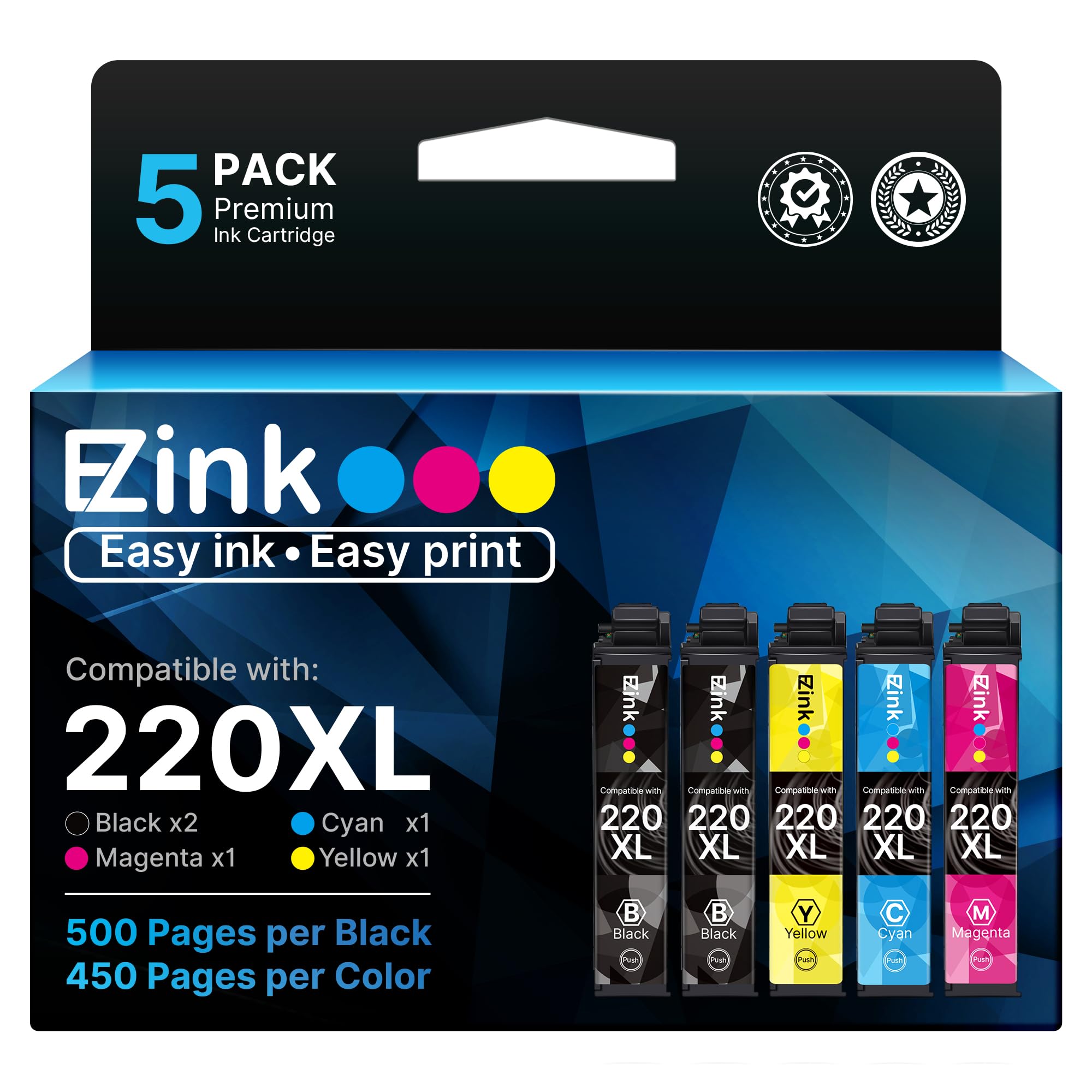 Photo 1 of E-Z Ink Remanufactured Ink Cartridge Replacement for Epson 220 XL 220XL T220XL to use with WF-2760 WF-2750 WF-2630 WF-2650 WF-2660 XP-320 XP-420 XP-424(2 Black, 1 Cyan, 1 Magenta, 1 Yellow) 5Pack