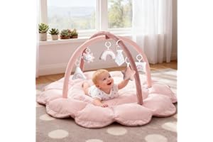 MALLIFY 5-in-1 Thick & Plush Baby Play Gym, Baby Play Mats for Floor, Tummy Time Mat with 6 Toys, Convertible Stage-Based Developmental from Babies to Toddlers, Ball Pit, Pink
