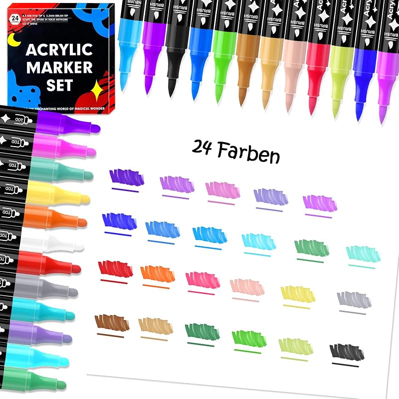 24 Farben Acrylstifte Set Wasserfest, Dual Tip Marker für Steine & DIY