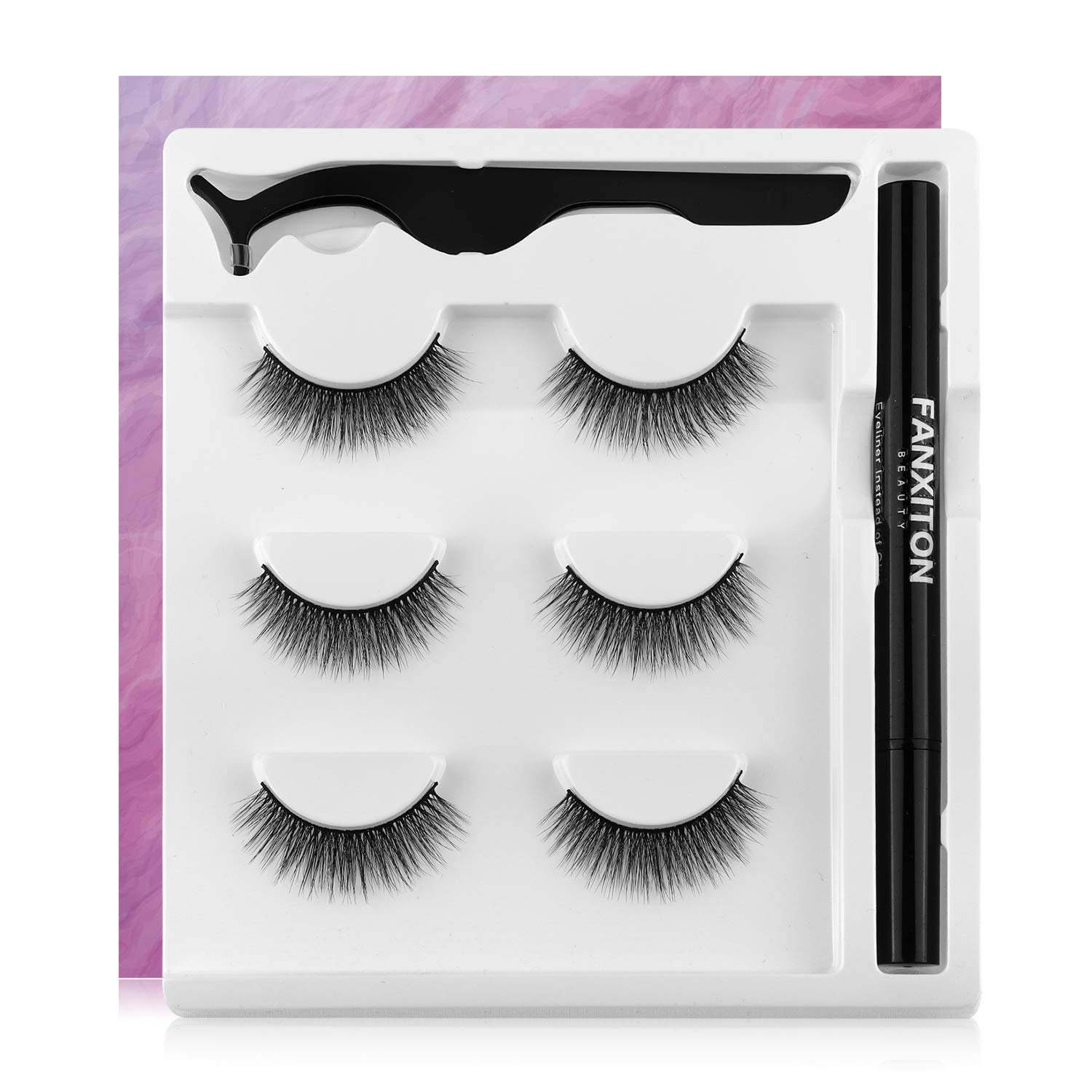 Natural Fake Eyelashes with Eyeliner Kit, FANXITON 3 Pairs Eyelashes with 2-in-1 Eyeliner - Strong Hold for Lashes - No Magnet and No Glue Needed - So Easy to Apply