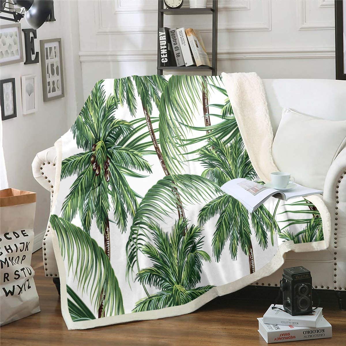 Photo 1 of Feelyou Tropical Fleece Throw Blanket Hawaii Beach Theme Sherpa Blanket Ocean Surfing Palm Tree Printed Plants Nature for Sofa Bed Couch 40x50 Inch