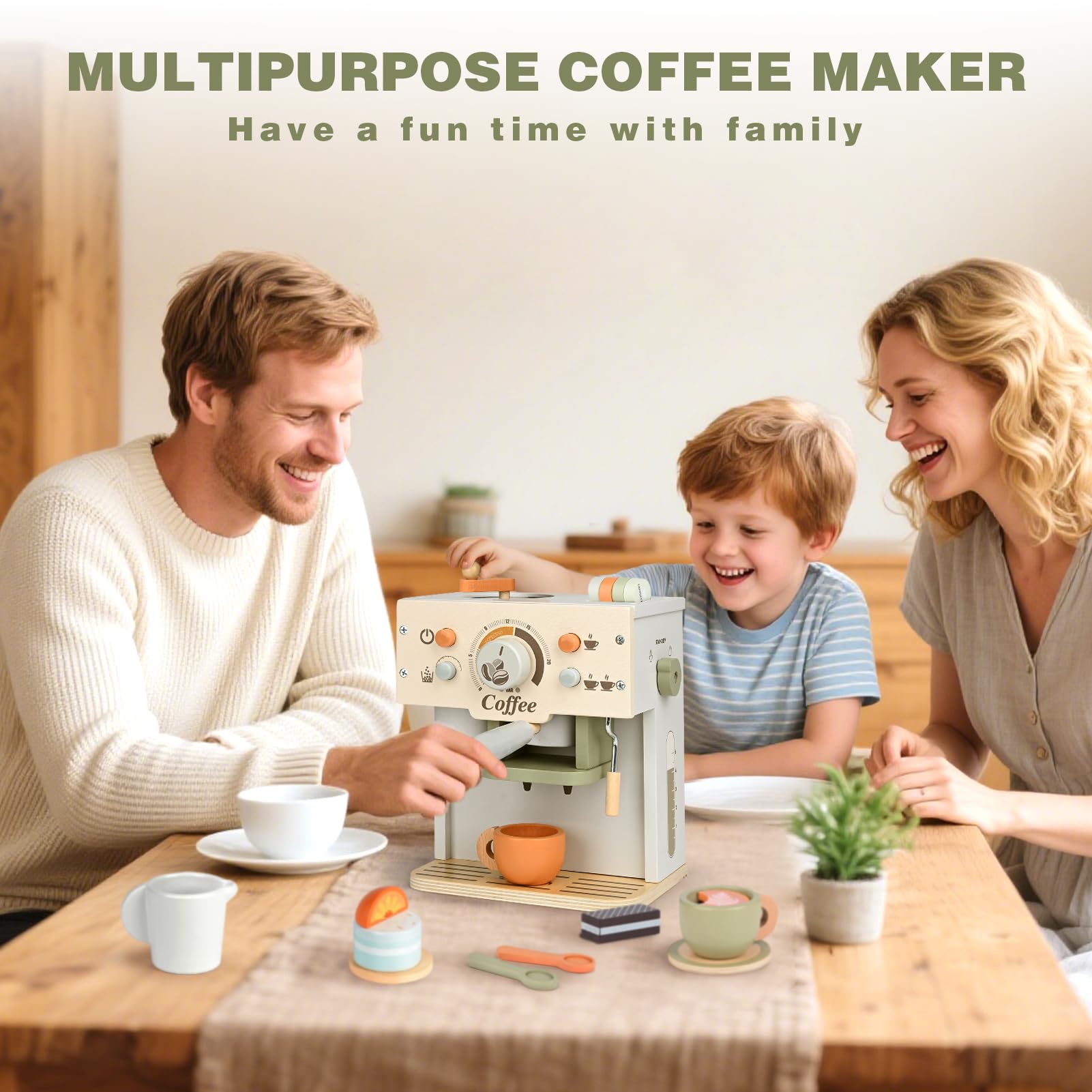 Dreamon Kaffeemaschine Kinder Holz, Kinderküche Zubehör 15 Teile, Montessori Spielzeug, Küchengeräte Kaffeeset Kinder Spielzeug, Küchen Spielzeug Geschenke Jungen und Mädchen ab 3 4 5 Jahre 5