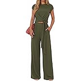 PRETTYGARDEN 2 Piece Lounge Sets For Women 2026 Summer Casual Outfits Cap Sleeve Belted Crop Tops Wide Palazzo Leg Pants