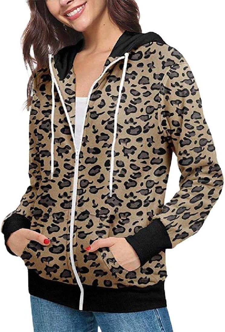 SHOWNO Womens Leopard Print Pockets Zipper Classic Hoodie Sweatshirt