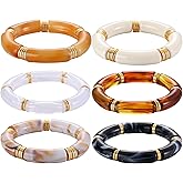 Quelay 6 Pcs Simple Beaded Bamboo Bangles Bracelets Set for Women Chunky Vintage Bamboo Bead Tube Bangles Curved Stacking Clear Acrylic Colorful Beads Stretchable Punk Bracelets
