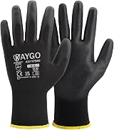 KAYGO Work Gloves PU Coated 12 Pairs KG11PB Black Safety Grip Large