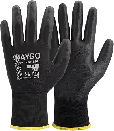 KAYGO Work Gloves PU Coated 12 Pairs KG11PB Black Safety Grip Large