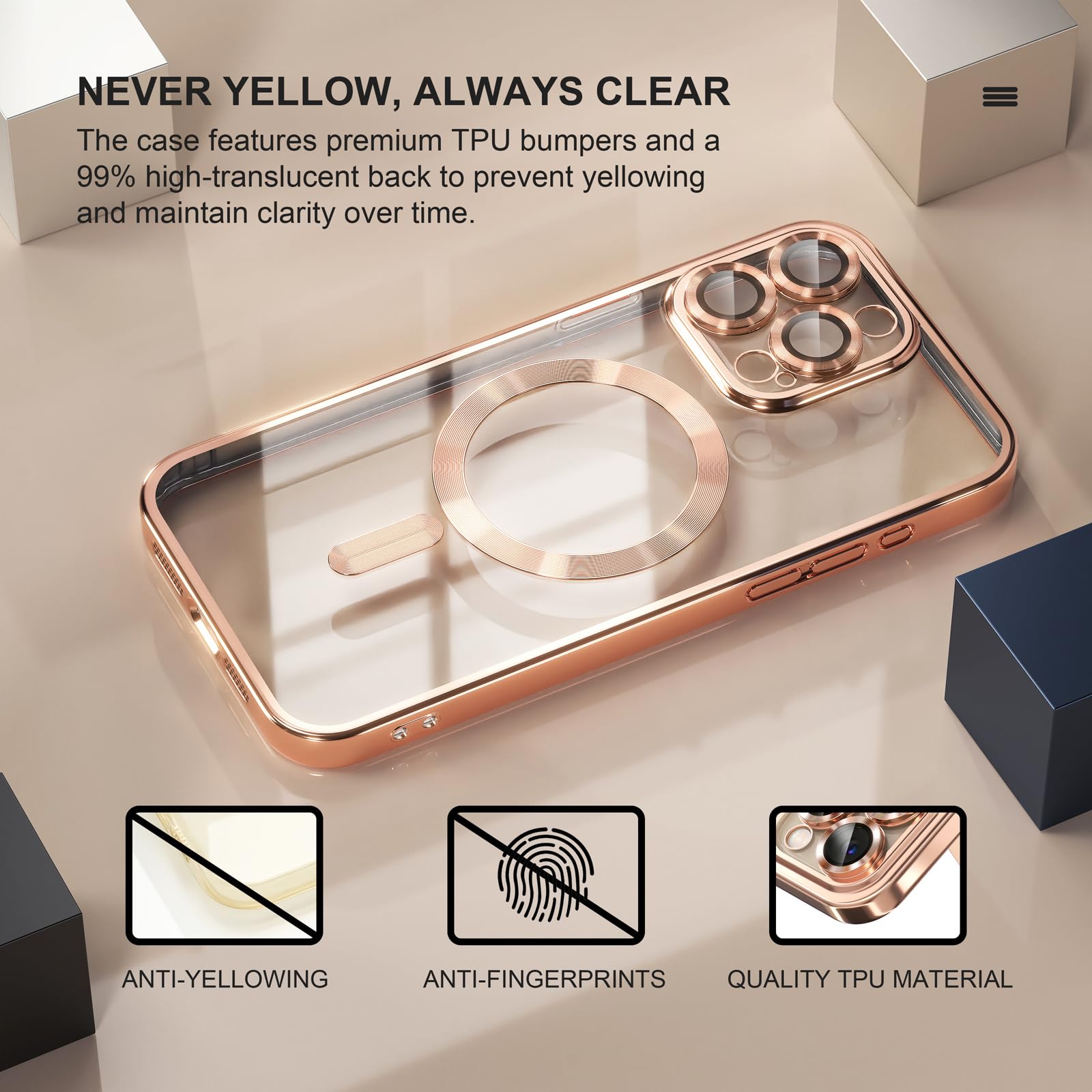 Misea Magnetic for iPhone 15 Pro Max Case with MagSafe [Never Yellowing] [Military Grade Drop Protection] Full Camera Lens Protector Plating Soft Clear Phone Case for Women Girls, Gold - Image 3