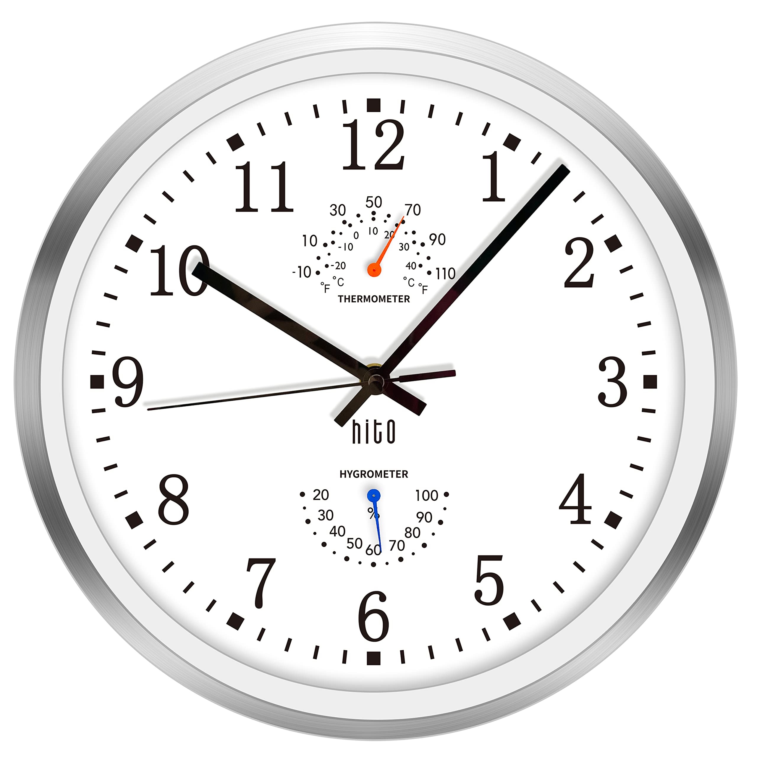 HITO 12" Silent Wall Clock Battery Operated Non Ticking Sweep Movement Glass Cover Silver Aluminum Frame, for Kitchen, Bedroom, Home Office, Living Room Decor (12" White)…