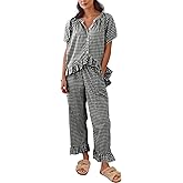 Gihuo Gingham Pajama Set for Women 2 Piece Plaid Cotton Button Down Top and Pants Ruffle Babydoll Pjs Lounge Sets