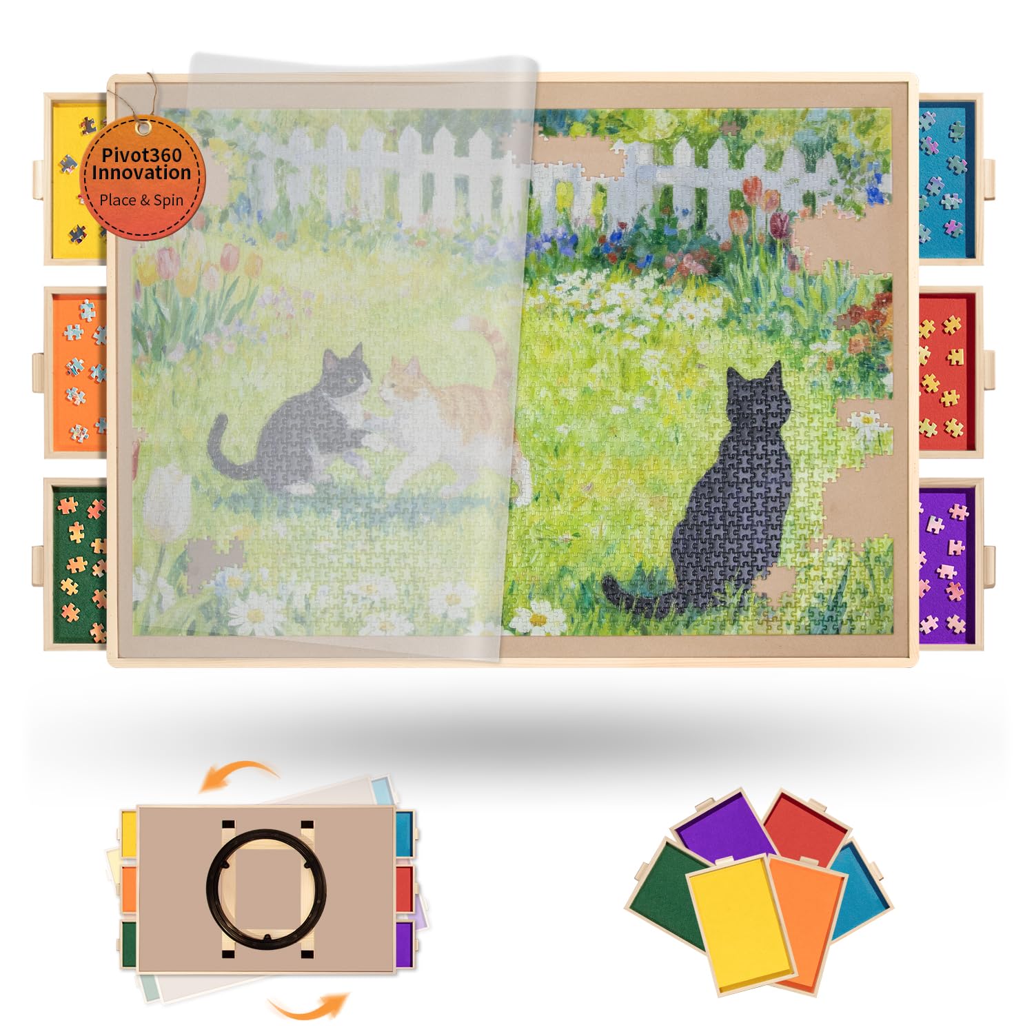 Photo 1 of 1500 Piece Rotating Puzzle Board Pro, 34" x 26" with 6 Drawers, Rubber Cover Mat, 360° Lasy Susan, Sort-Wise Colorful Felt Drawers & 4 Trays, Wooden Jigsaw Puzzle Table, Gray