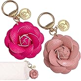 2 PCS Leather Flower Keychain Bag Charm Camellia Leather Flower Keychain Purse Charms Floral Jewelry Car Decoration Pink Key Ring Elegant Rose Purse Charms Retro Keychains Accessories for Women Girls