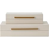 Set of 2 Beige Shagreen Decorative Storage Boxes with Gold Metal Handles – Faux Leather Jewelry & Memory Boxes, Nesting Photo