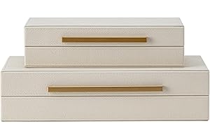 Set of 2 Beige Shagreen Decorative Storage Boxes with Gold Metal Handles �C Faux Leather Jewelry & Memory Boxes, Nesting Photo