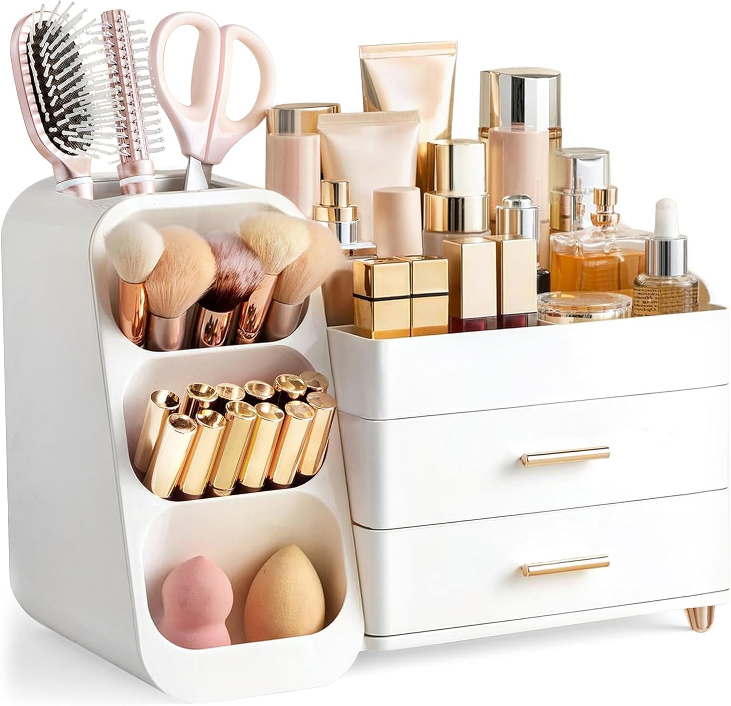 Photo 1 of HBlife Makeup Organizer with Brush Holder for Vanity, Large Plastic Bathroom Countertop Organizer Skin Care Storage, Easy to Store Lipsticks, Nail Polishes, Perfumes, Eyeshadow Palettes, All White