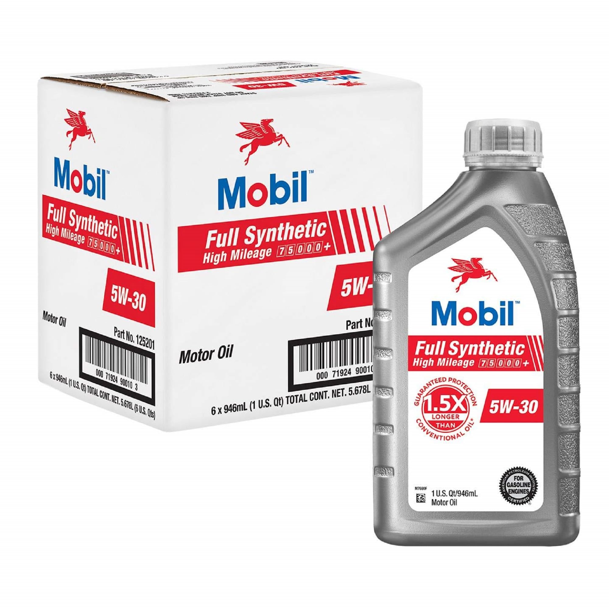Mobil Full Synthetic High Mileage Motor Oil 5W-30, 1 Quart (6-pack) Image